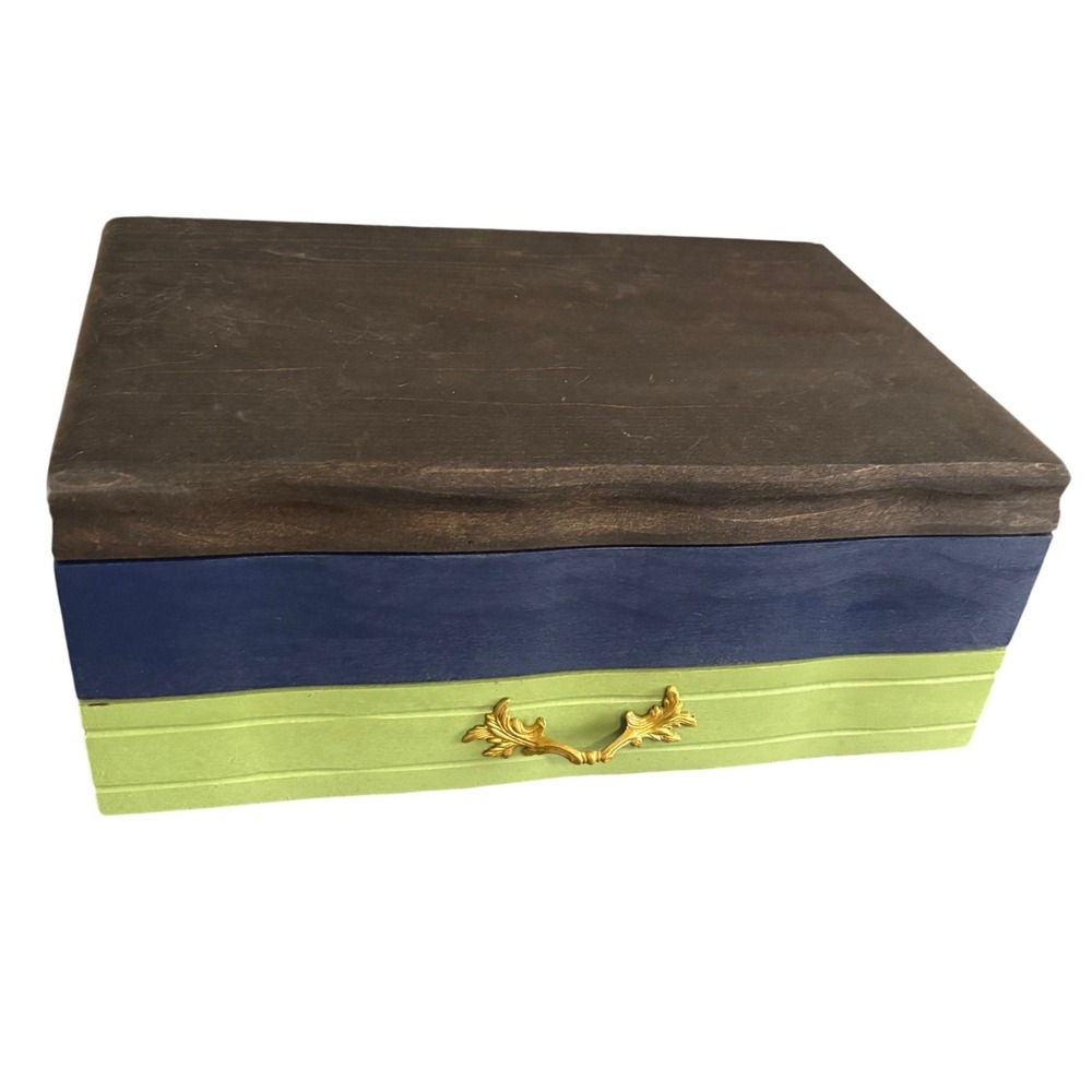 Upcycled VTG Wooden Jewelry Box Large Hand Painted Color Block Keepsake Chest